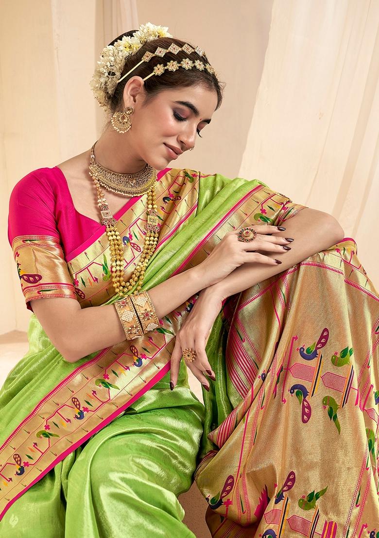 Parrot Green Zari Woven Pure Tissue Saree Set