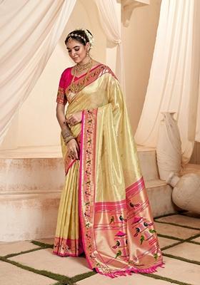 Cream Zari Woven Pure Tissue Saree Set
