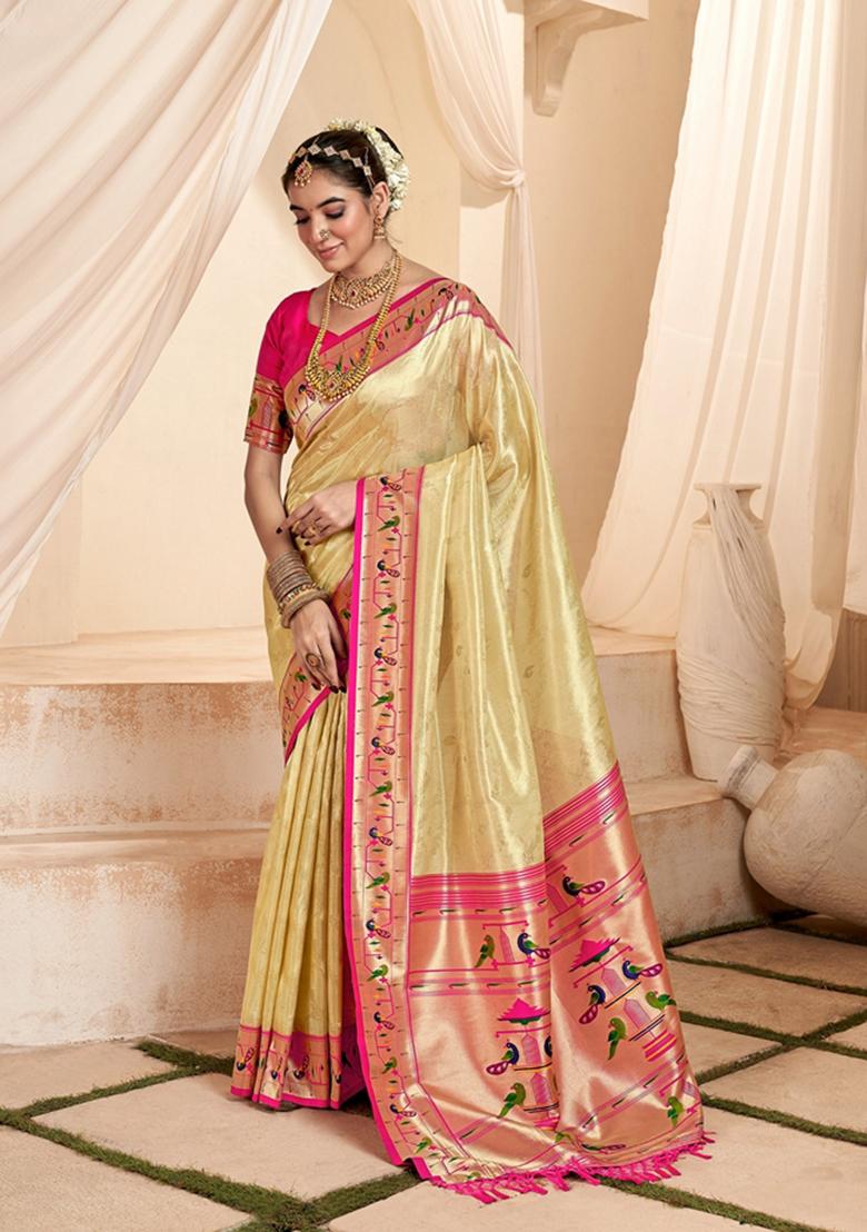 Cream Zari Woven Pure Tissue Saree Set