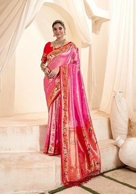 Pink Zari Woven Pure Tissue Saree Set
