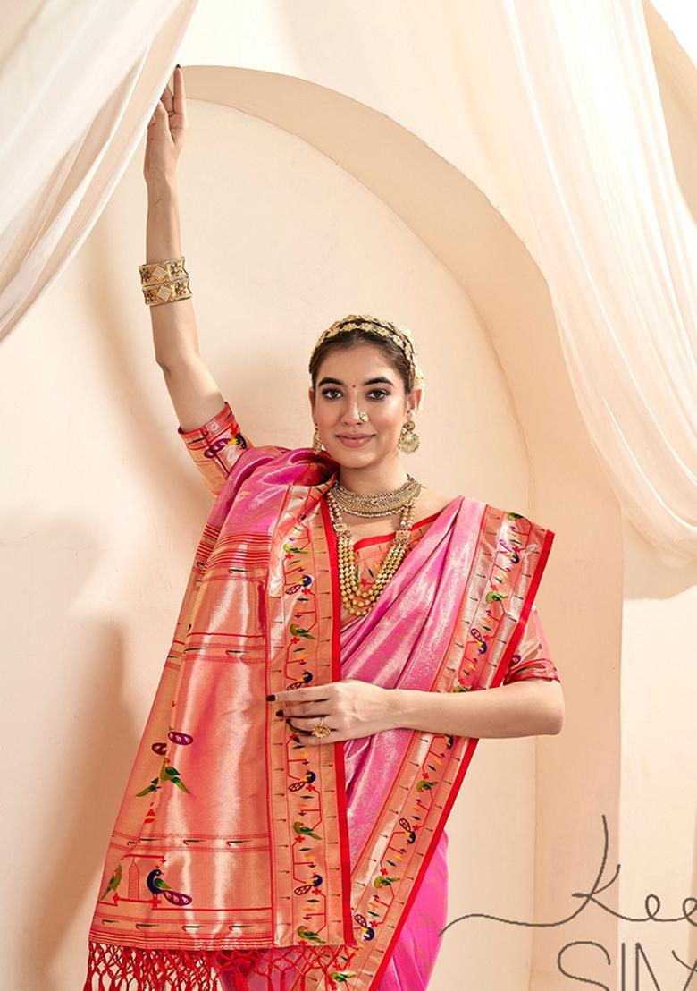 Pink Zari Woven Pure Tissue Saree Set