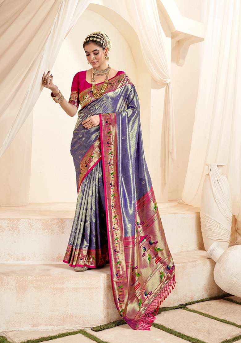 Blue Zari Woven Pure Tissue Saree Set for Diwali | Wedding & Festive Wear - Indya