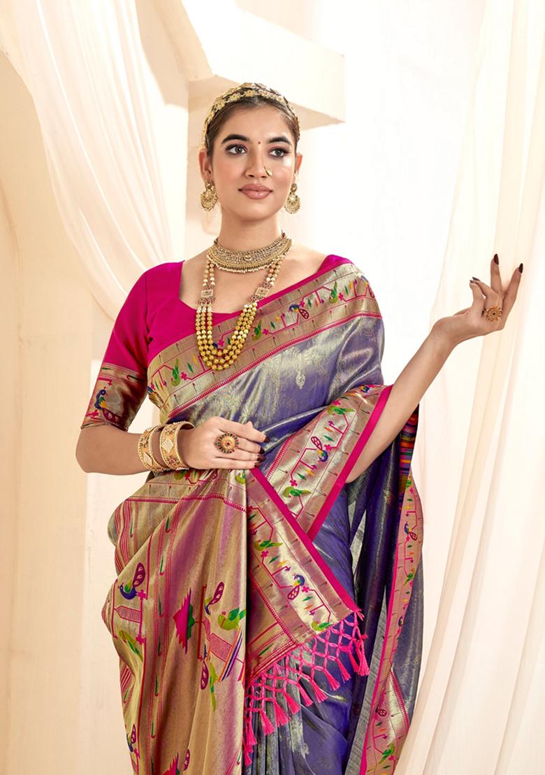 Blue Zari Woven Pure Tissue Saree Set