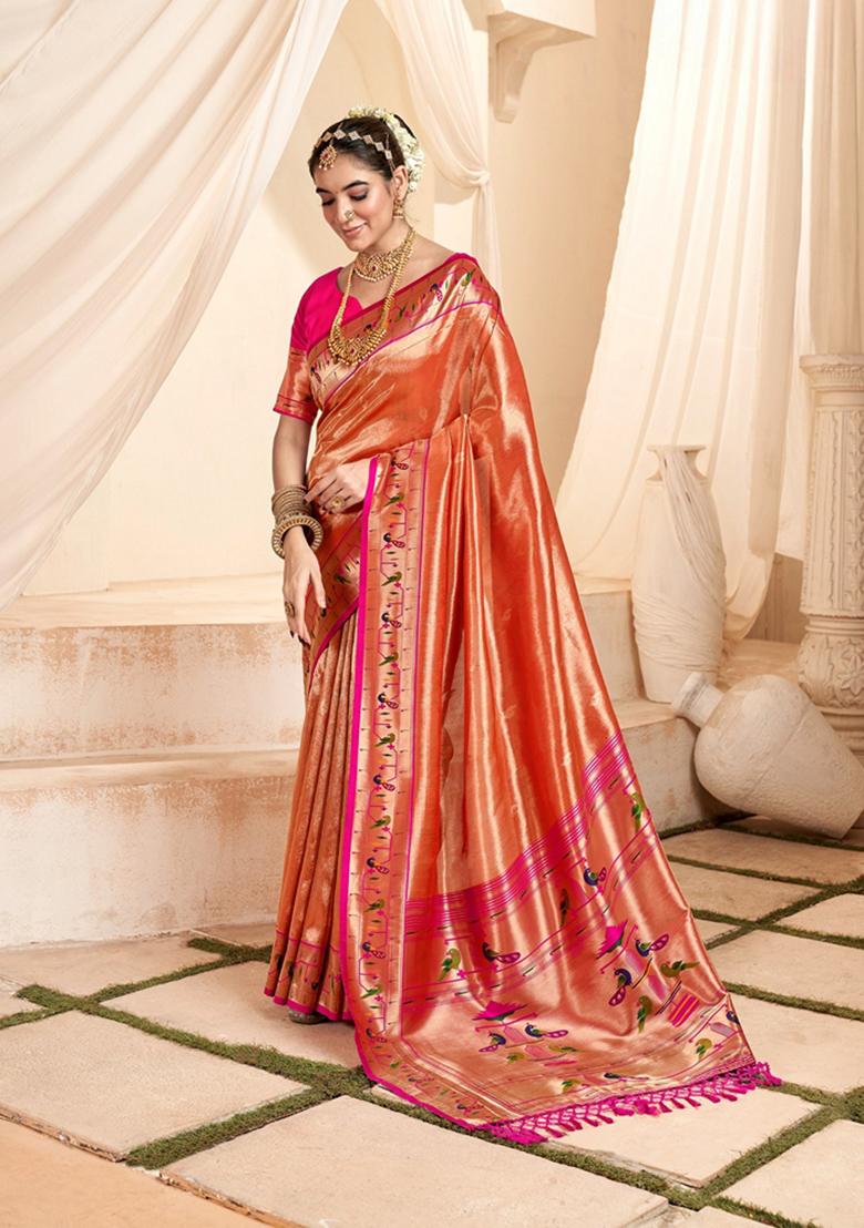 Orange Zari Woven Pure Tissue Saree Set