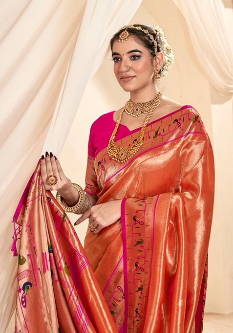 Orange Zari Woven Pure Tissue Saree Set