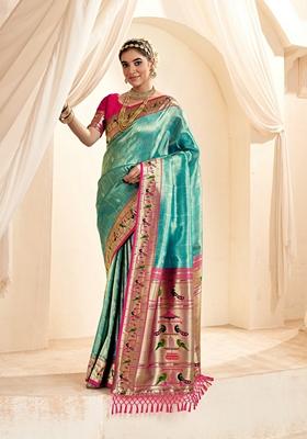 Sea Green Zari Woven Pure Tissue Saree Set
