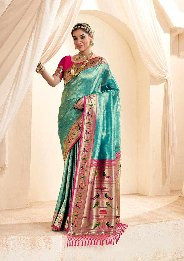 Sea Green Zari Woven Pure Tissue Saree Set