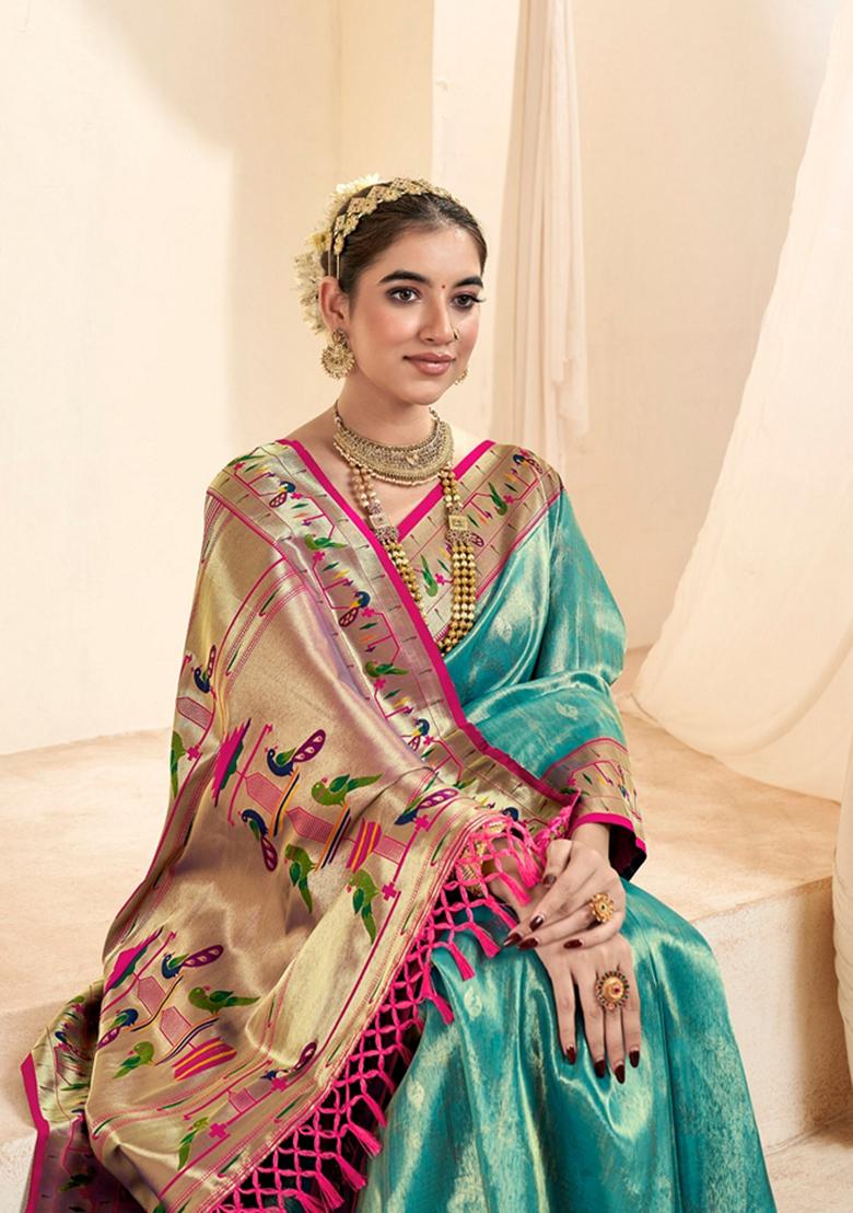 Sea Green Zari Woven Pure Tissue Saree Set