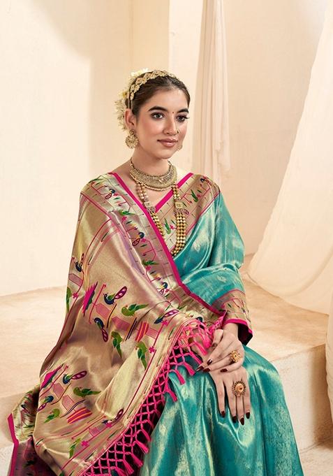 Sea Green Zari Woven Pure Tissue Saree Set