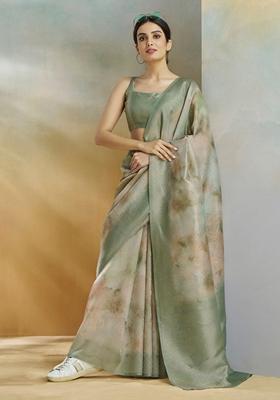 Mehendi Green Tie Dye Print Silk Saree Set