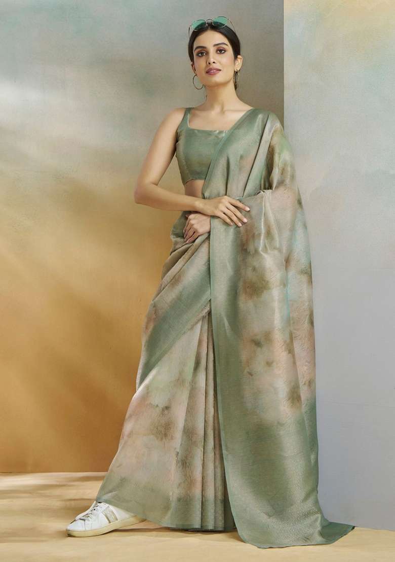 Mehendi Green Tie Dye Print Silk Blend Saree Set for Diwali | Wedding & Festive Wear - Indya