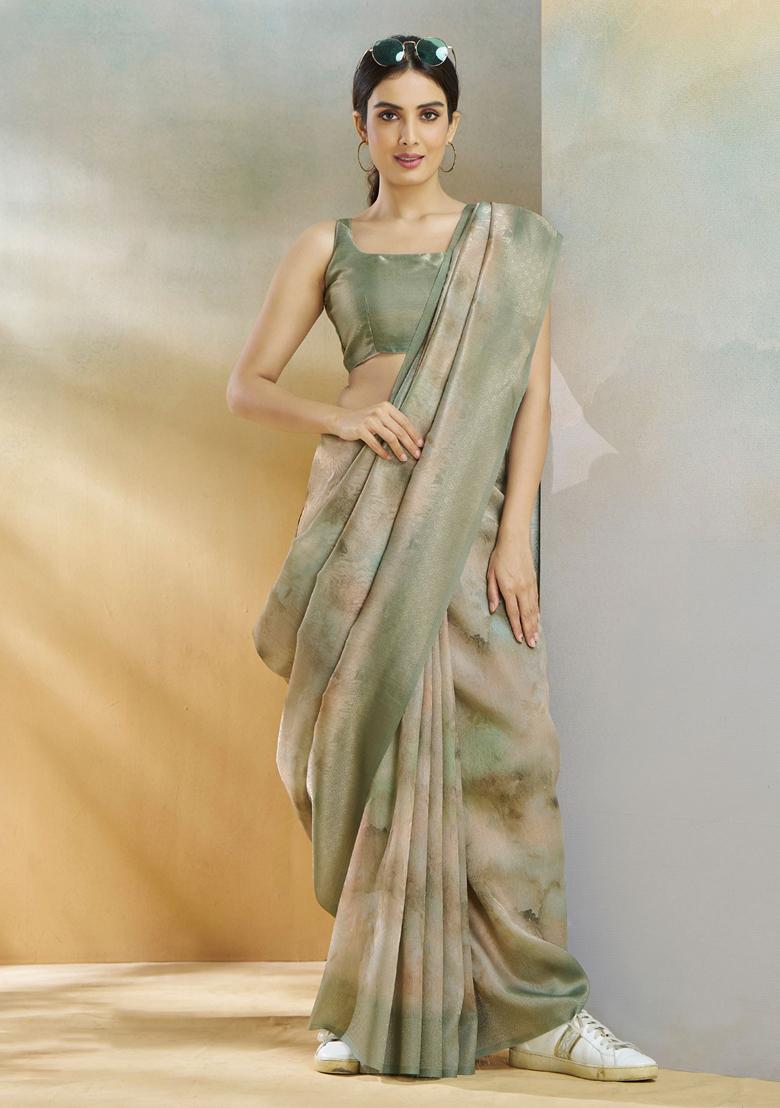 Mehendi Green Tie Dye Print Silk Saree Set