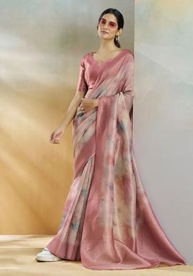 Peach Tie Dye Print Silk Saree Set