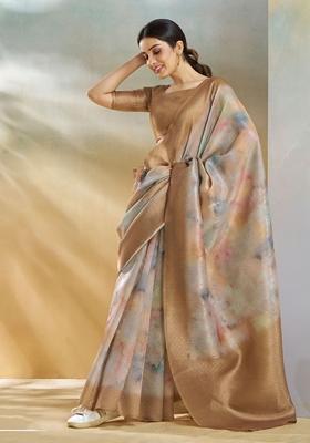 Golden Tie Dye Print Silk Saree Set