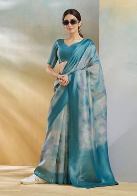 Golden Tie Dye Print Silk Saree Set