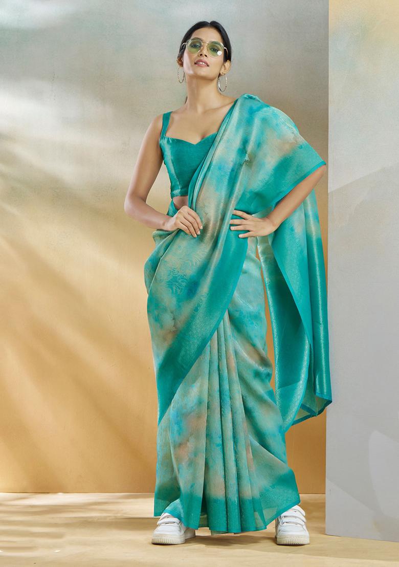 Golden Tie Dye Print Silk Saree Set