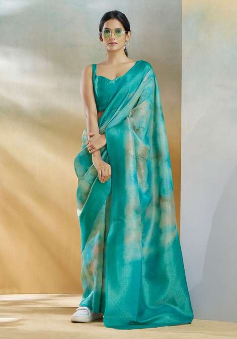 Teal Green Tie Dye Print Silk Blend Saree Set for Diwali and Festive Wear
