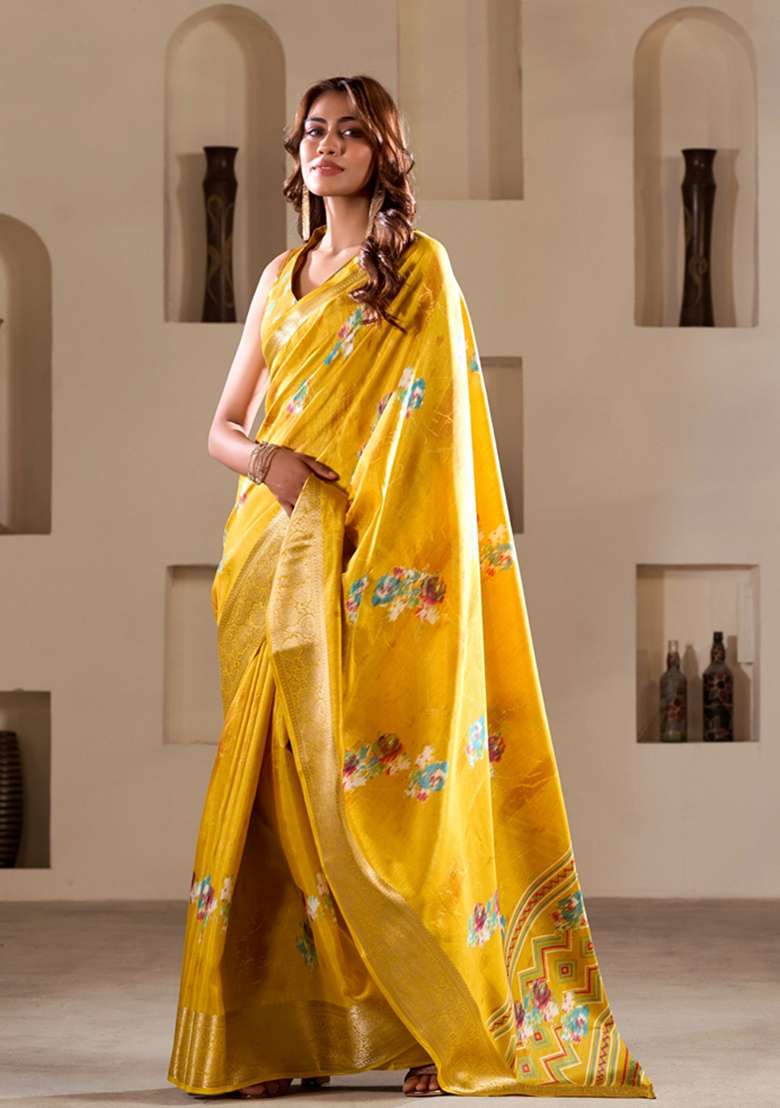 Golden Floral Print Silk Saree Set - Indya