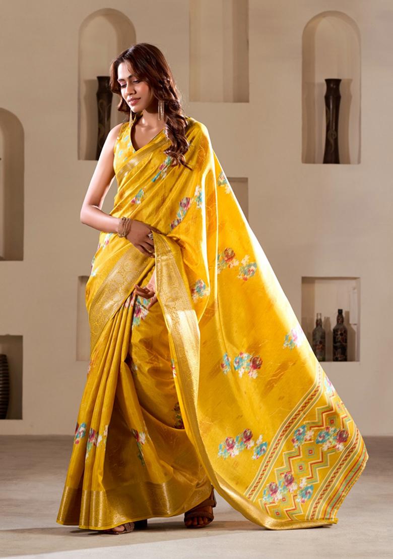 Golden Floral Print Silk Saree Set