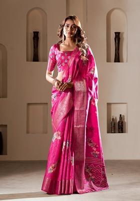 Golden Floral Print Silk Saree Set