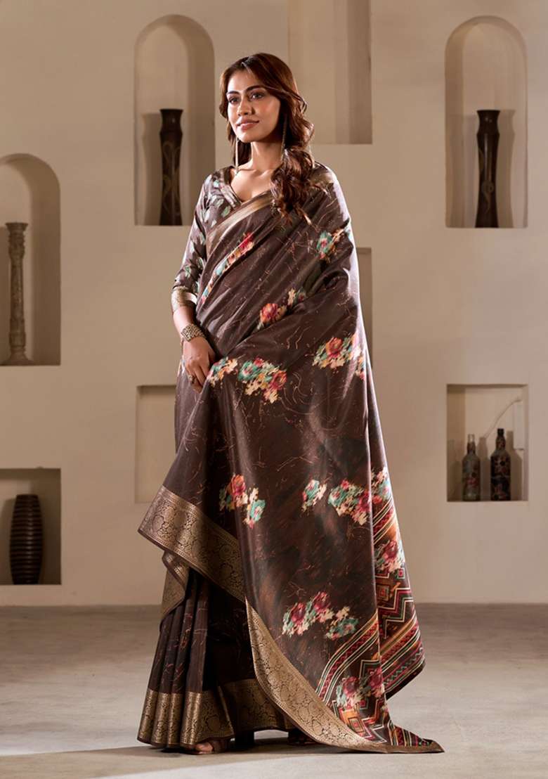 Brown Floral Print Silk Saree Set - Indya