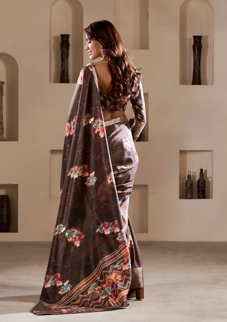 Golden Floral Print Silk Saree Set