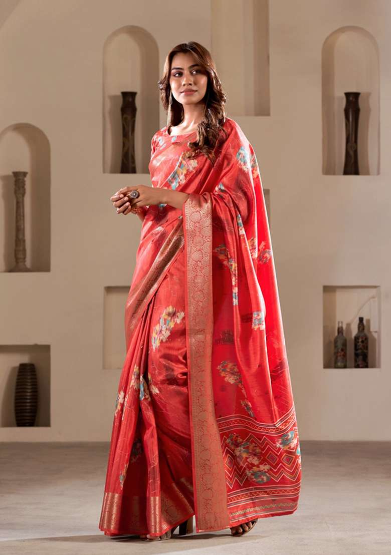 Red Floral Print Silk Saree Set - Indya