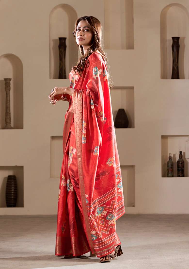 Red Floral Print Silk Saree Set - Indya