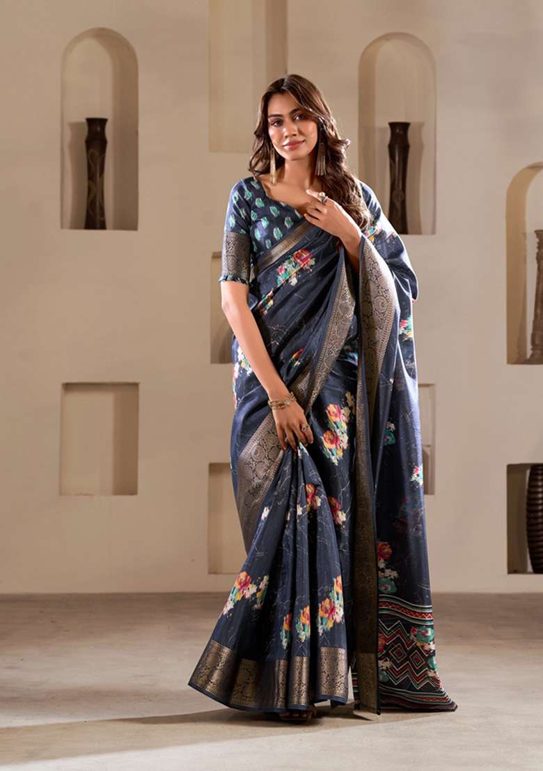 Blue Floral Print Silk Saree Set - Indya
