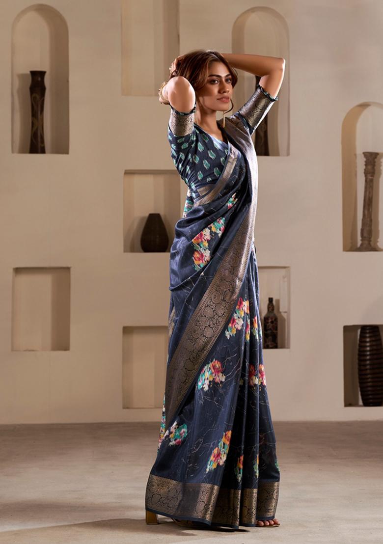 Golden Floral Print Silk Saree Set