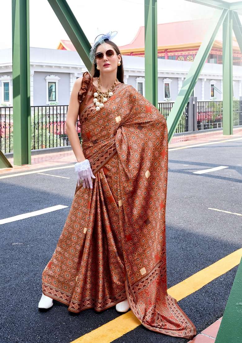 Brown Floral Print Pure Satin Saree Set for Diwali and Festive Wear - Indya