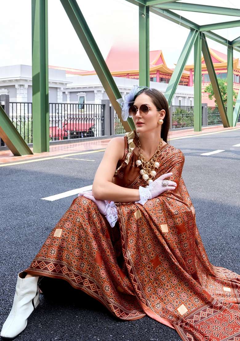 Brown Floral Print Pure Satin Saree Set for Diwali and Festive Wear - Indya