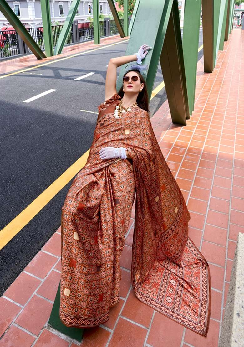 Brown Floral Print Pure Satin Saree Set for Diwali and Festive Wear - Indya