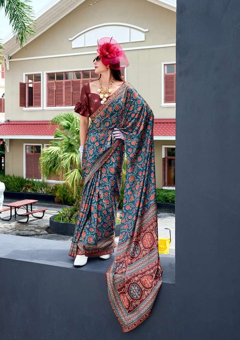 Green Floral Print Pure Satin Saree Set for Diwali and Festive Wear - Indya