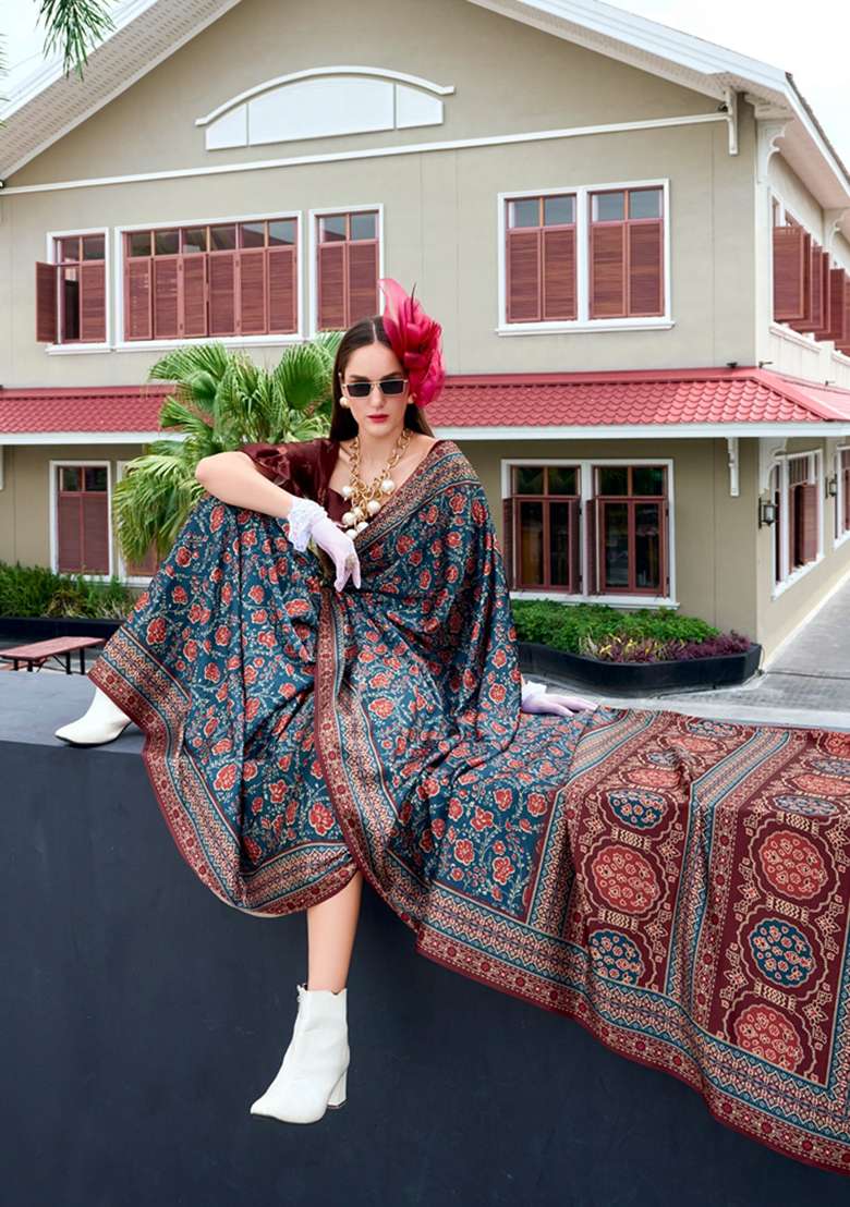 Green Floral Print Pure Satin Saree Set for Diwali and Festive Wear - Indya