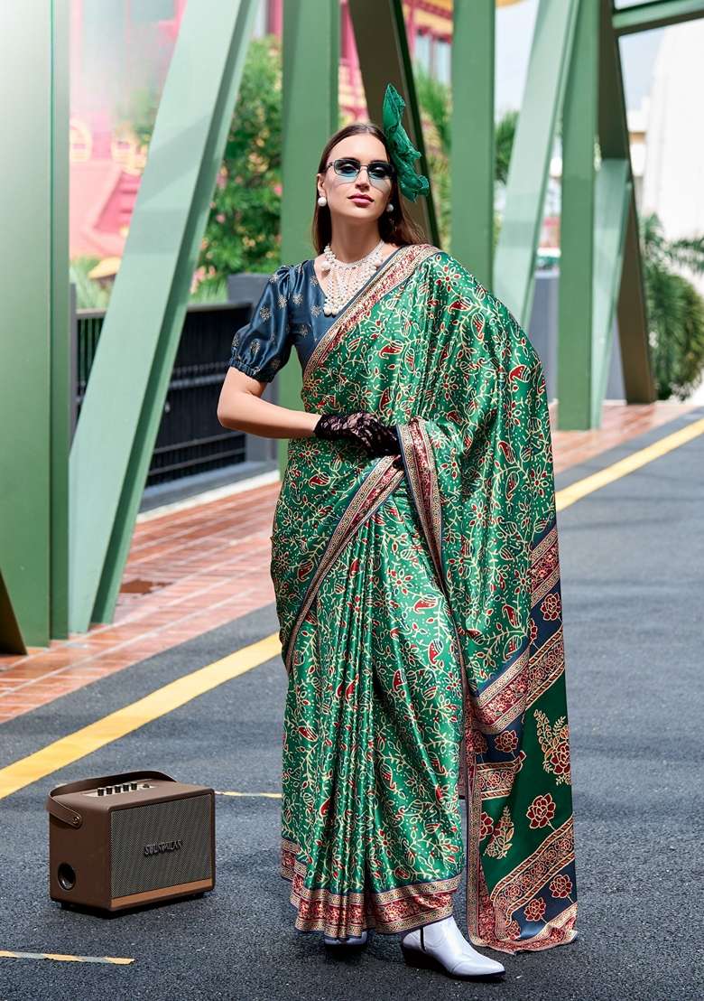 Green Pure Satin Saree Set with Floral Print for Diwali | Wedding & Festive Wear - Indya