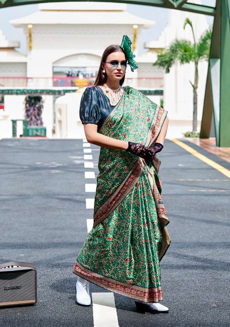 Green Pure Satin Saree Set with Floral Print for Diwali | Wedding & Festive Wear - Indya