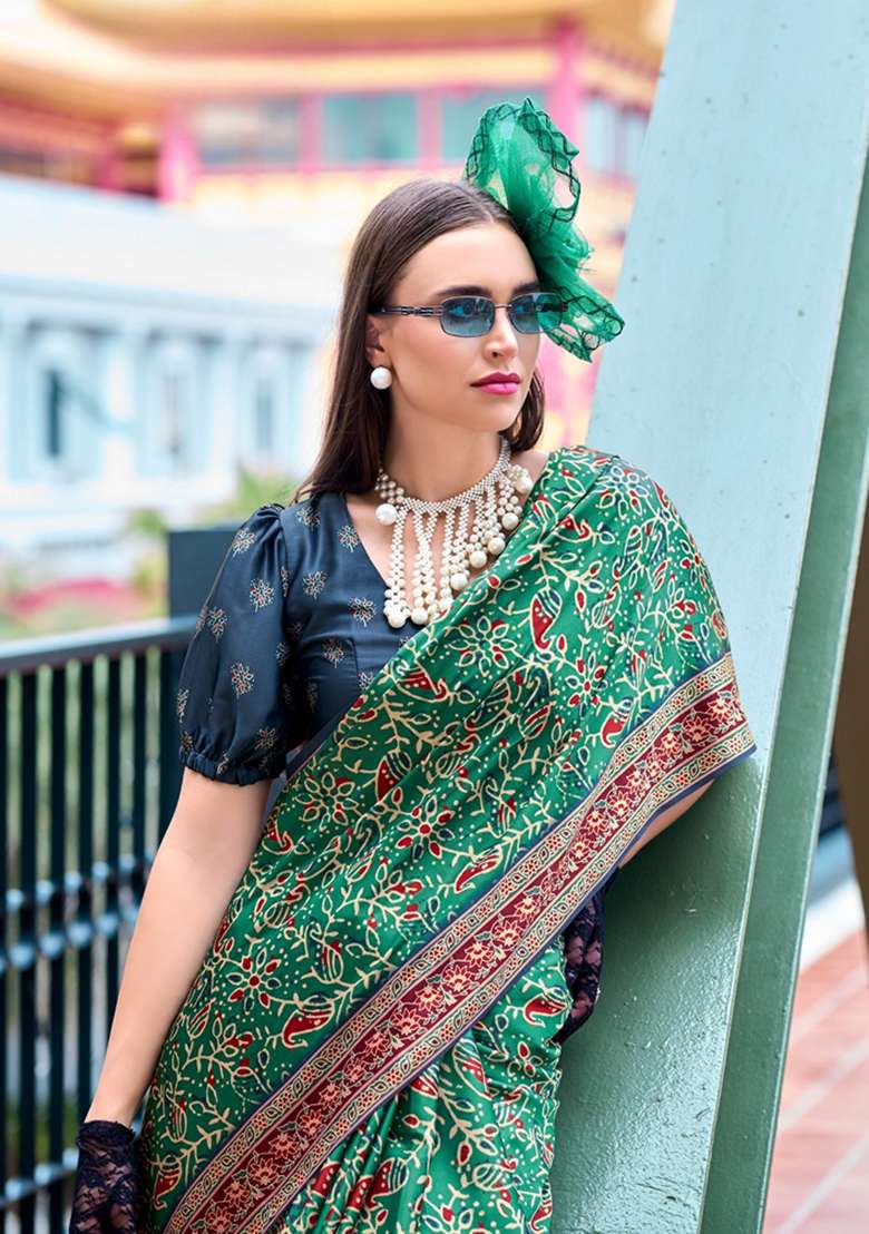 Green Pure Satin Saree Set with Floral Print for Diwali | Wedding & Festive Wear - Indya