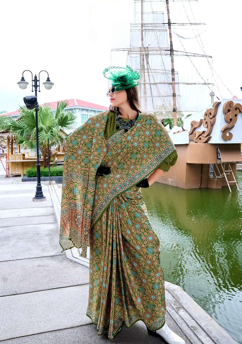 Green Pure Satin Saree Set with Floral Print for Diwali | Wedding & Festive Wear - Indya
