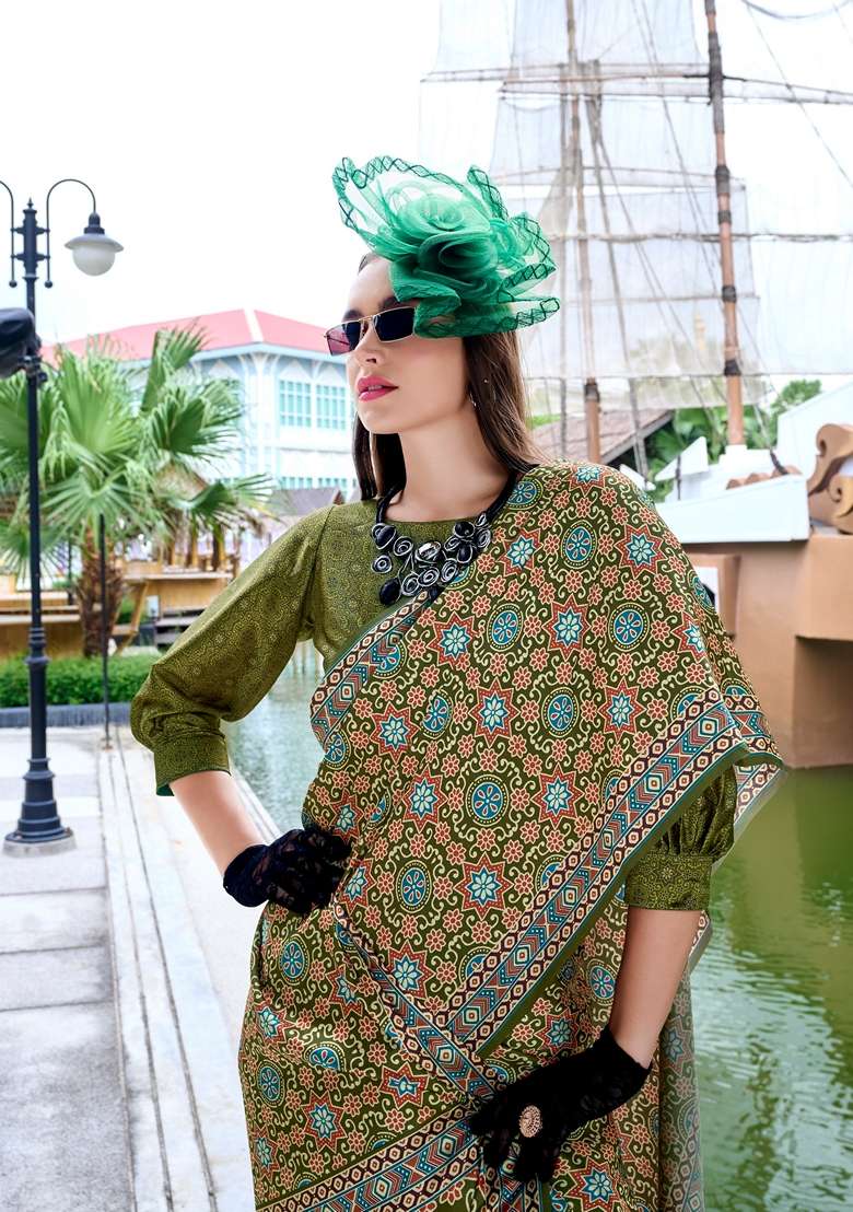 Green Pure Satin Saree Set with Floral Print for Diwali | Wedding & Festive Wear - Indya