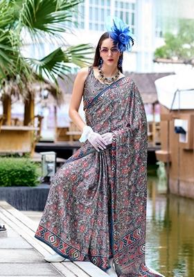 Grey Floral Print Pure Satin Saree Set