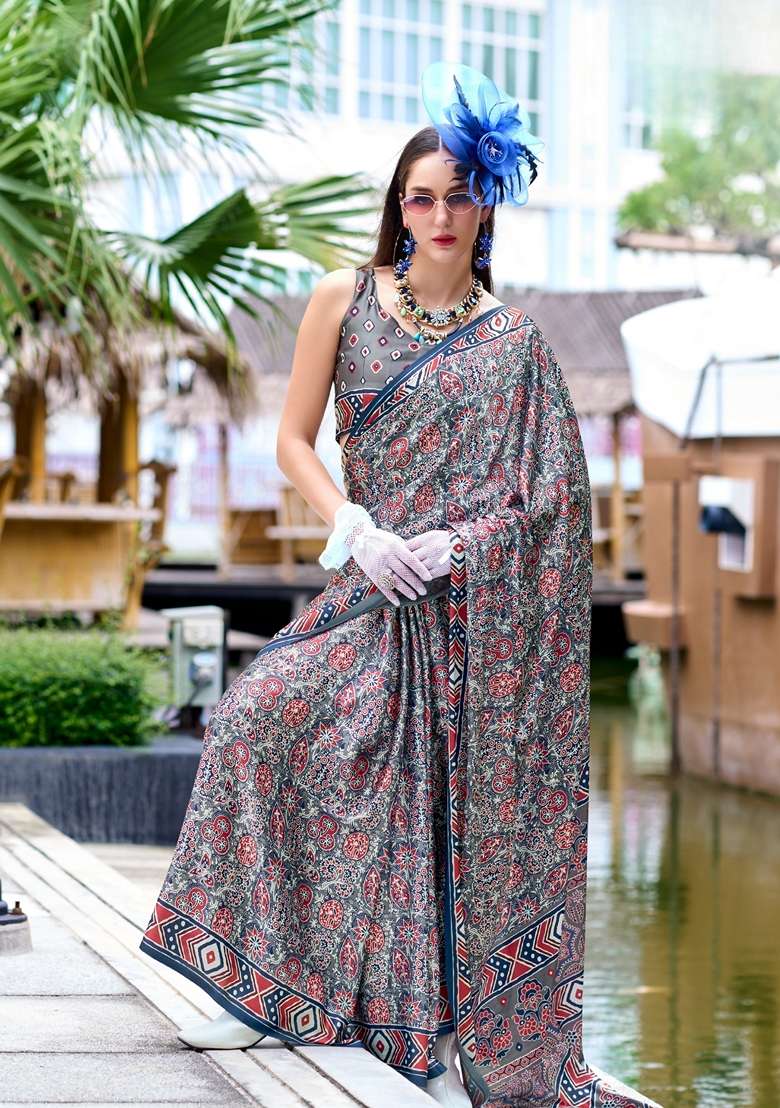 Grey Floral Print Pure Satin Saree Set for Diwali and Festive Wear - Indya