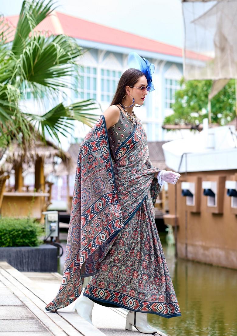 Golden Floral Print Pure Satin Saree Set