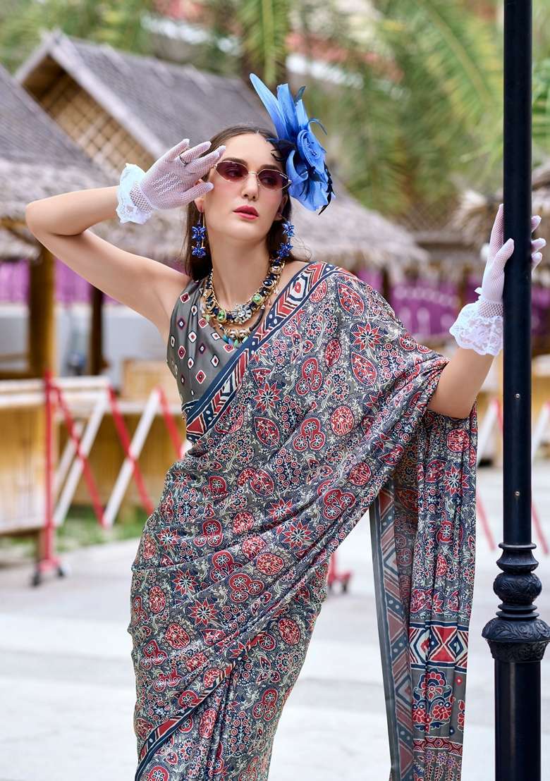 Grey Floral Print Pure Satin Saree Set for Diwali and Festive Wear - Indya