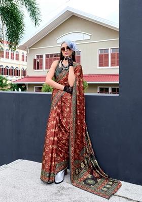 Maroon Floral Print Pure Satin Saree Set