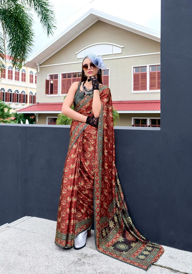 Maroon Floral Print Pure Satin Saree Set
