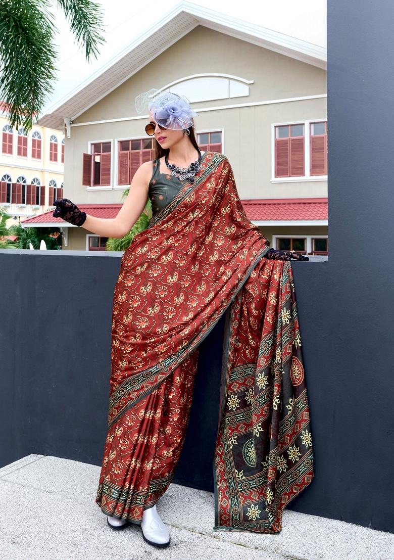 Golden Floral Print Pure Satin Saree Set