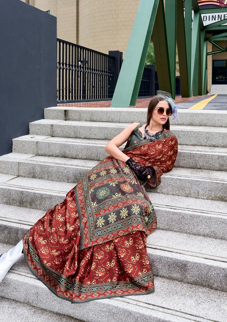 Maroon Floral Print Pure Satin Saree Set