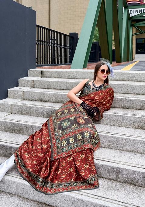 Maroon Floral Print Pure Satin Saree Set