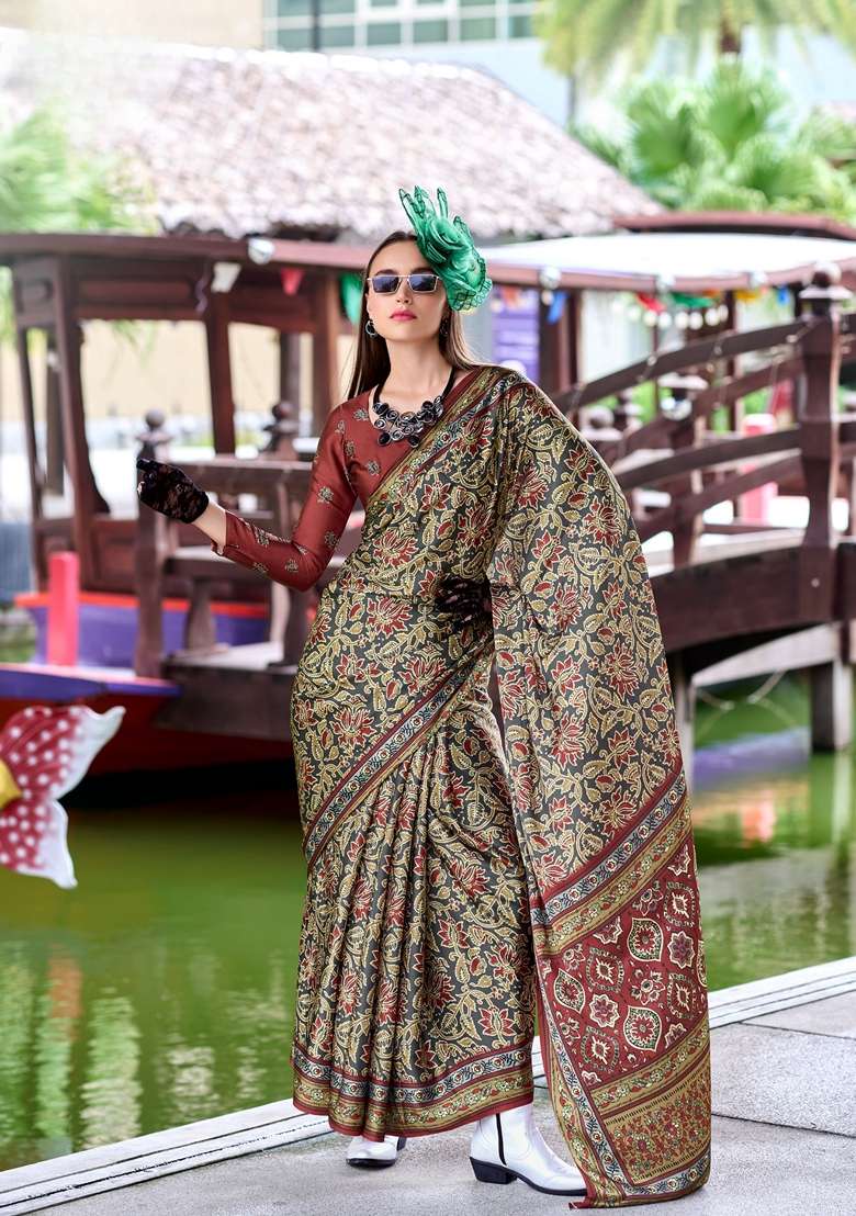 Grey Pure Satin Saree Set with Floral Print for Diwali | Wedding & Festive Wear - Indya